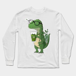 Green T-rex drinking tea Illustration Long Sleeve T-Shirt